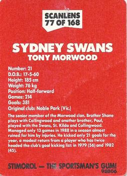 1989 Scanlens VFL #77 Tony Morwood Back